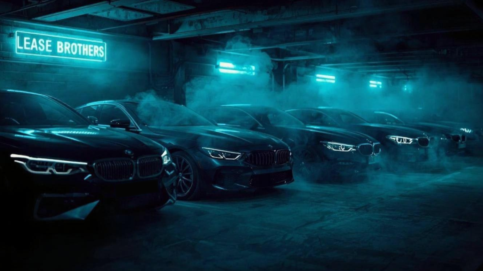 Rząd luksusowych, czarnych samochodów marki BMW zaparkowanych w ciemnym, garażowym wnętrzu. Pomieszczenie jest wypełnione błękitnym dymem, a na ścianie widnieje neonowy szyld „LEASE BROTHERS”. Samochody mają włączone charakterystyczne światła do jazdy dziennej.