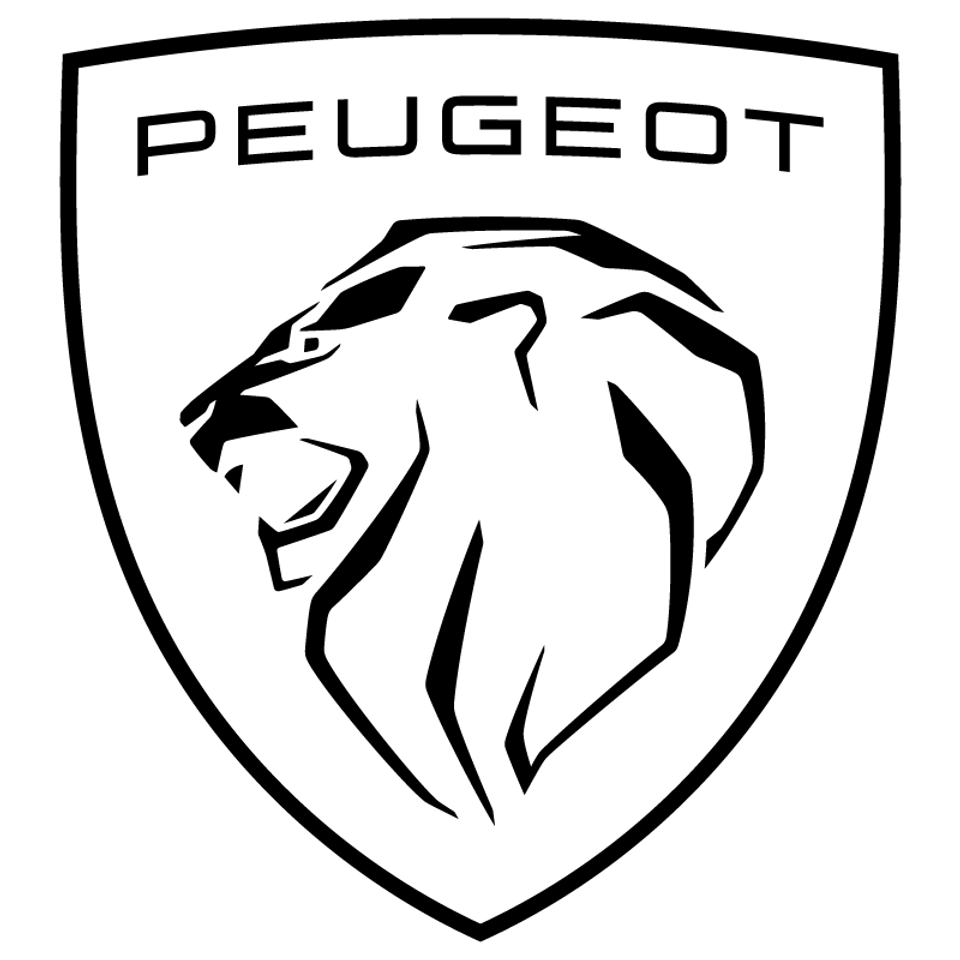 Logo marki Peugeot przedstawione jako czarny zarys tarczy herbowej. Wewnątrz tarczy znajduje się minimalistyczny profil głowy ryczącego lwa z bujną grzywą, a powyżej napis „PEUGEOT” wykonany nowoczesną, bezszeryfową czcionką.