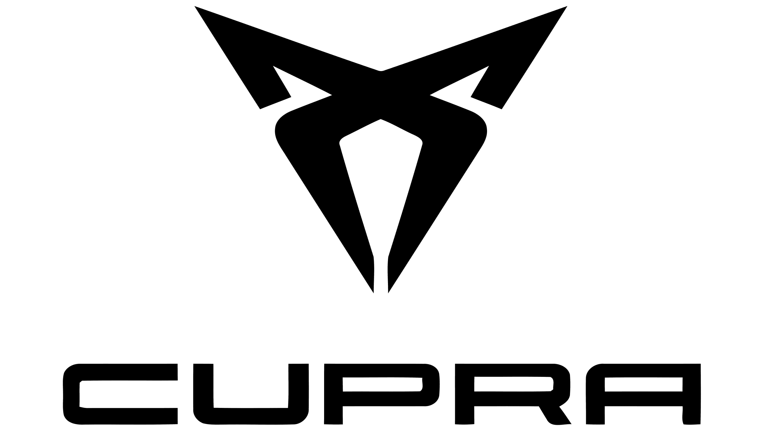 Logo marki Cupra składające się z symetrycznego, kanciastego sygnetu przypominającego stylizowane dwa skrzyżowane elementy, pod którym znajduje się napis "CUPRA" wykonany nowoczesną, szeroką czcionką bezszeryfową. Całość w kolorze czarnym na białym tle.