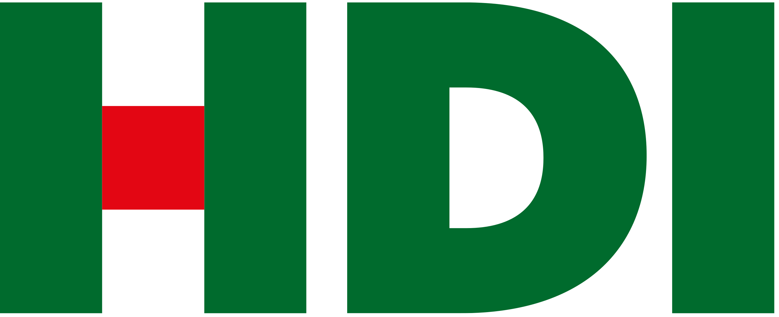 Logotyp firmy HDI. Składa się z dużych, ciemnozielonych liter "HDI". Wewnątrz litery "H", w miejscu poprzeczki, znajduje się czerwony kwadrat.