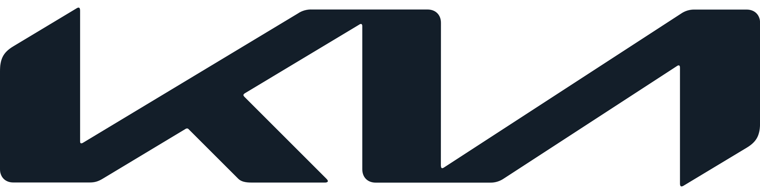 Nowoczesny logotyp marki Kia. Składa się z grubych, czarnych linii tworzących połączone litery "KIA" w minimalistycznym, kanciastym stylu, gdzie litery przechodzą jedna w drugą.