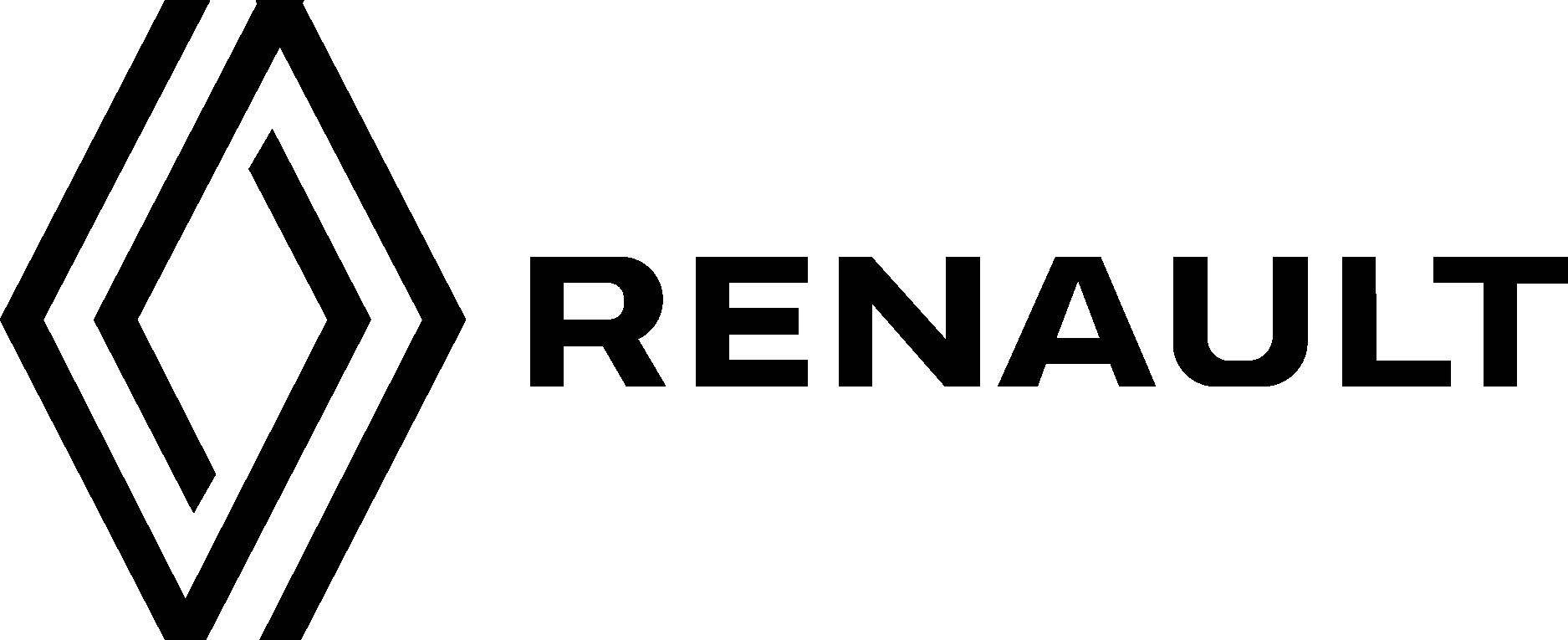 Logo marki Renault przedstawiające minimalistyczny sygnet w kształcie rombu (diamentu) złożonego z dwóch równoległych czarnych linii. Po prawej stronie widnieje napis "RENAULT" wykonany prostą, czarną czcionką.