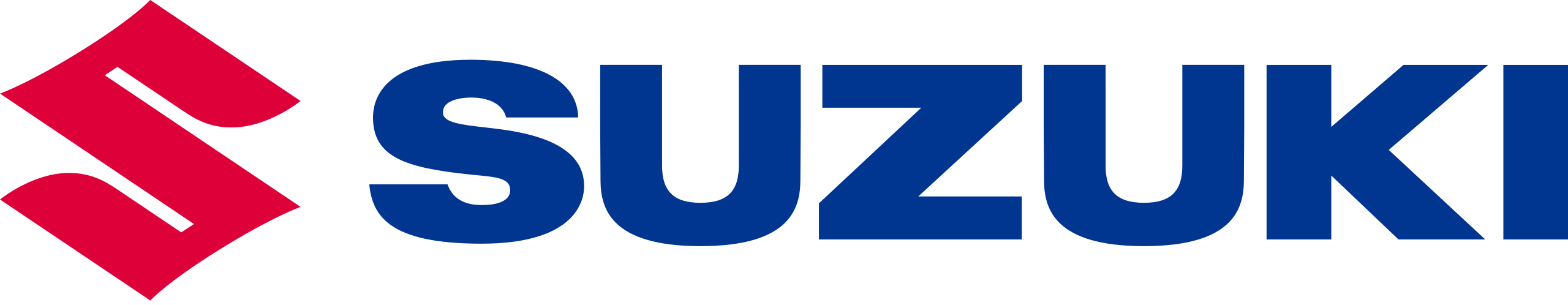 Logo marki Suzuki składające się z czerwonego sygnetu w kształcie stylizowanej litery "S" o ostrych krawędziach, po której prawej stronie znajduje się granatowy napis "SUZUKI" wykonany masywną czcionką.