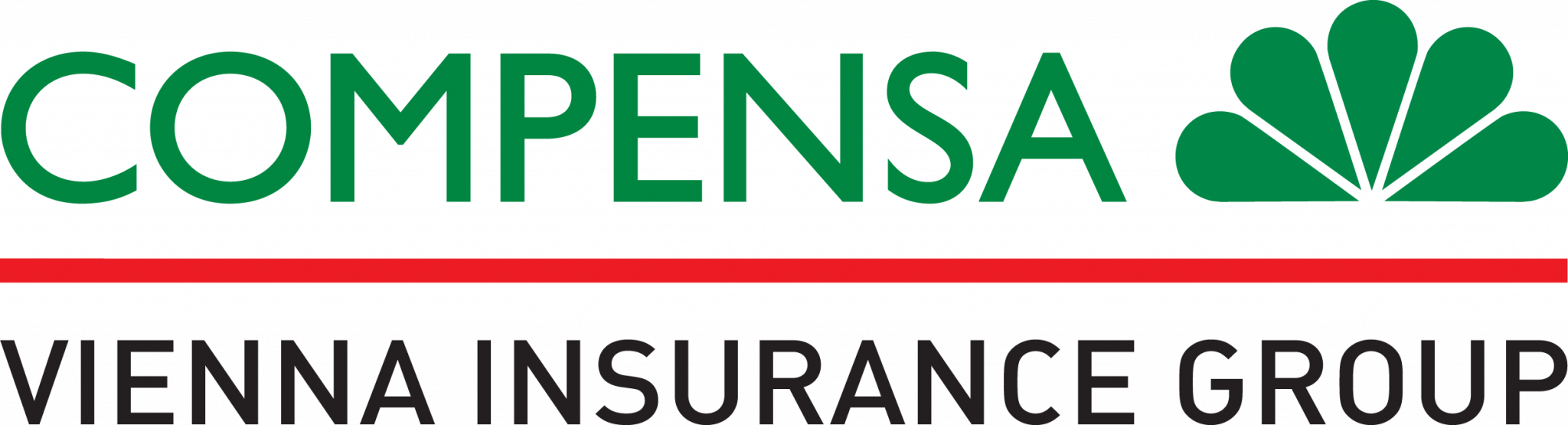 Logotyp firmy Compensa Vienna Insurance Group. Powyżej czerwonej poziomej linii znajduje się zielony napis "COMPENSA" oraz sygnet w kształcie stylizowanego, zielonego liścia lub wachlarza. Poniżej linii widnieje czarny napis "VIENNA INSURANCE GROUP".