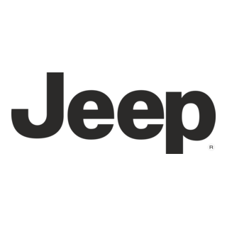 Logotyp marki Jeep. Prosty, pogrubiony napis "Jeep" w kolorze ciemnoszarym na białym tle. W prawym dolnym rogu znajduje się mały symbol zarejestrowanego znaku towarowego (R).